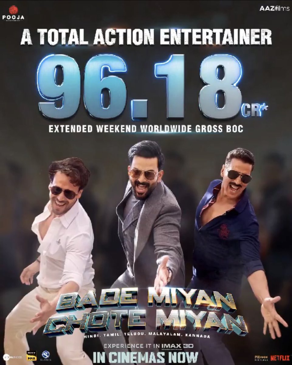 #BadeMiyanChoteMiyan Four Days Official Worldwide Gross: ₹ 96.18cr. #BMCM all set to enter 100 cr club worldwide today 🔥💯