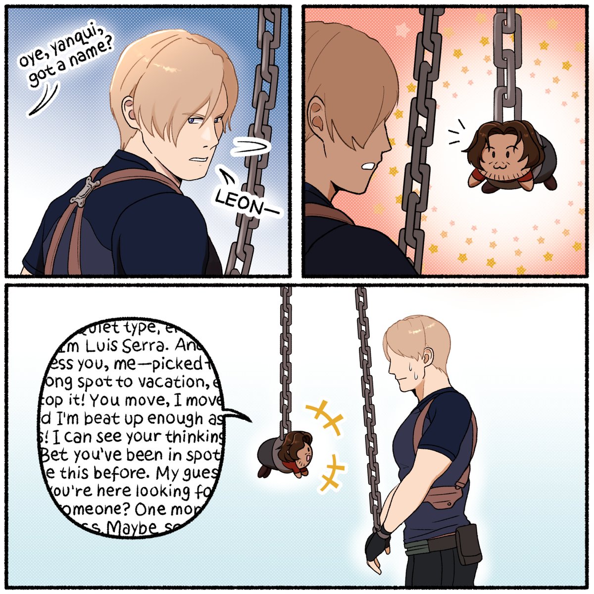 Sequel to my Ada comic but it's the chain scene from Resident Evil 4 Remake with Luis as a tsum/capcorom who speaks at 3x the speed #LeonKennedy #LuisSerra #RE4