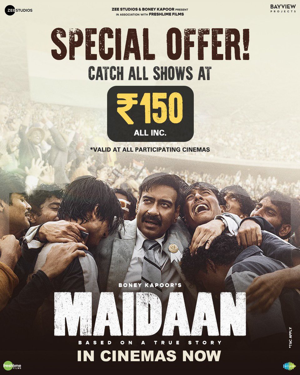 Special Maidaan family offer, available today and tomorrow Book your tickets now 🎟️ 🔗 - linktr.ee/Maidaan_ @ajaydevgn @raogajraj @BoneyKapoor @ZeeStudios_ @iAmitRSharma @arrahman @BayViewProjOffl @freshlimefilms @SaiwynQ @writish @JoyArunava @indianfootball