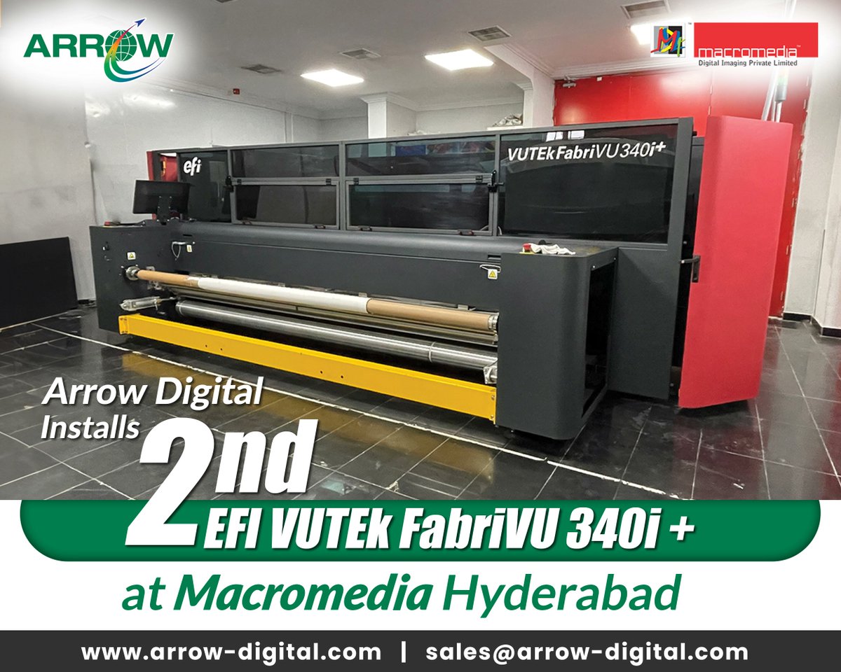 Exciting news!  

Arrow Digital Pvt. Ltd. continues to raise the bar in digital printing technology with the installation of our 2nd EFI FabriVU Dye Sublimation Printer at Macromedia Digital Imaging Private Limited Hyderabad. 

arrow-digital.com/news/arrow-dig…

#ArrowDigital #MMDI