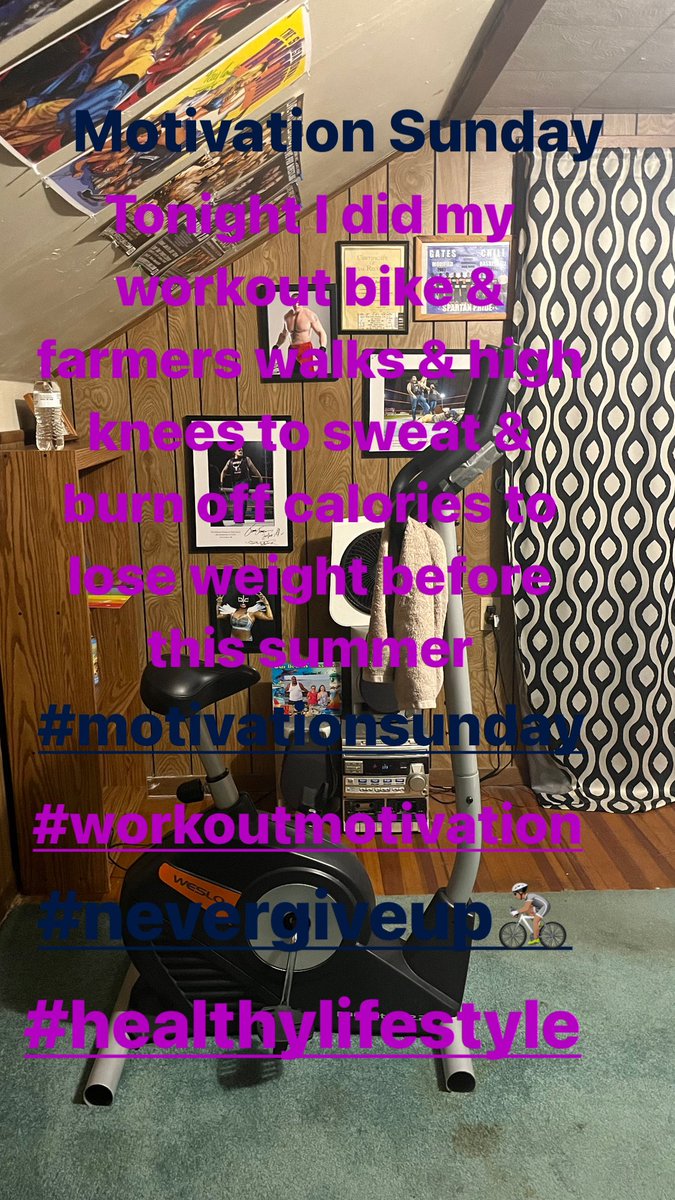 Motivation Sunday workout last night was the bike & farmers walks & high knees to sweat & burn off calories to lose weight before this summer. #motivationsunday #workoutmotivation #nevergiveup🚴🏽 #healthylifestyle.
