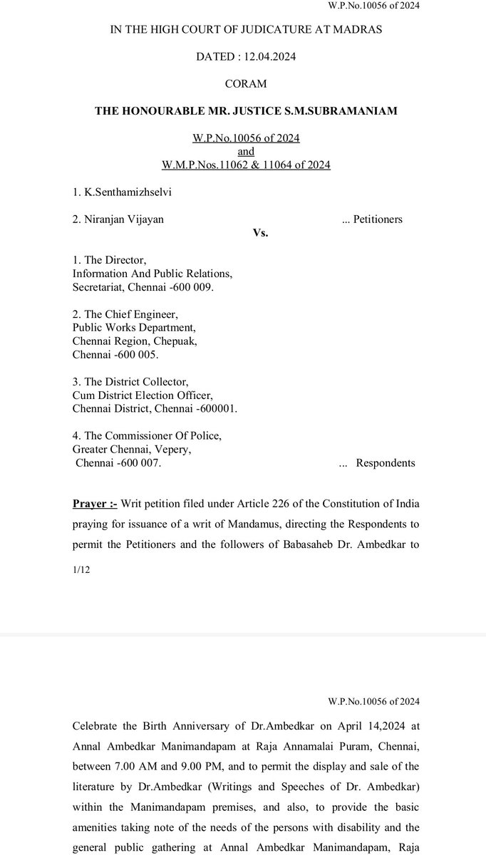barandbench's tweet photo. The judge personally visited the memorial in the RA Puram area in Chennai, and conducted the hearing at the spot, directing the petitioners to make a representation before the State and asking the TN government to consider such representation. https://t.co/IQKWXwmVk2