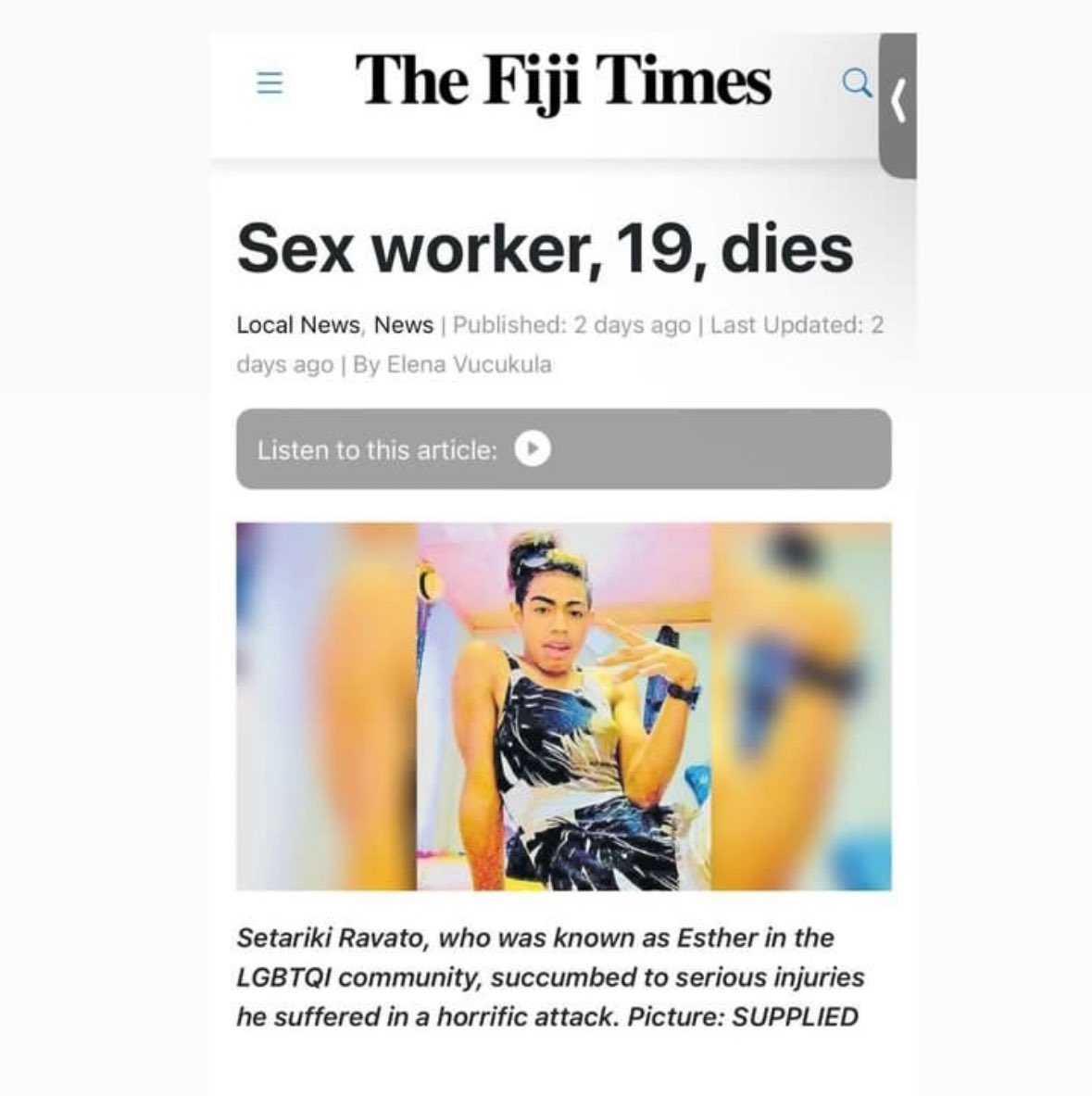 @fijitimes reporting on Esther's death is pathetic. Dead-naming, misgendering, and reducing her entire life to 'sex worker.' She didn’t “die” she was murdered, when she deserved to live a full life, as her full self! No respect and sensitivity for trans people in life and death!