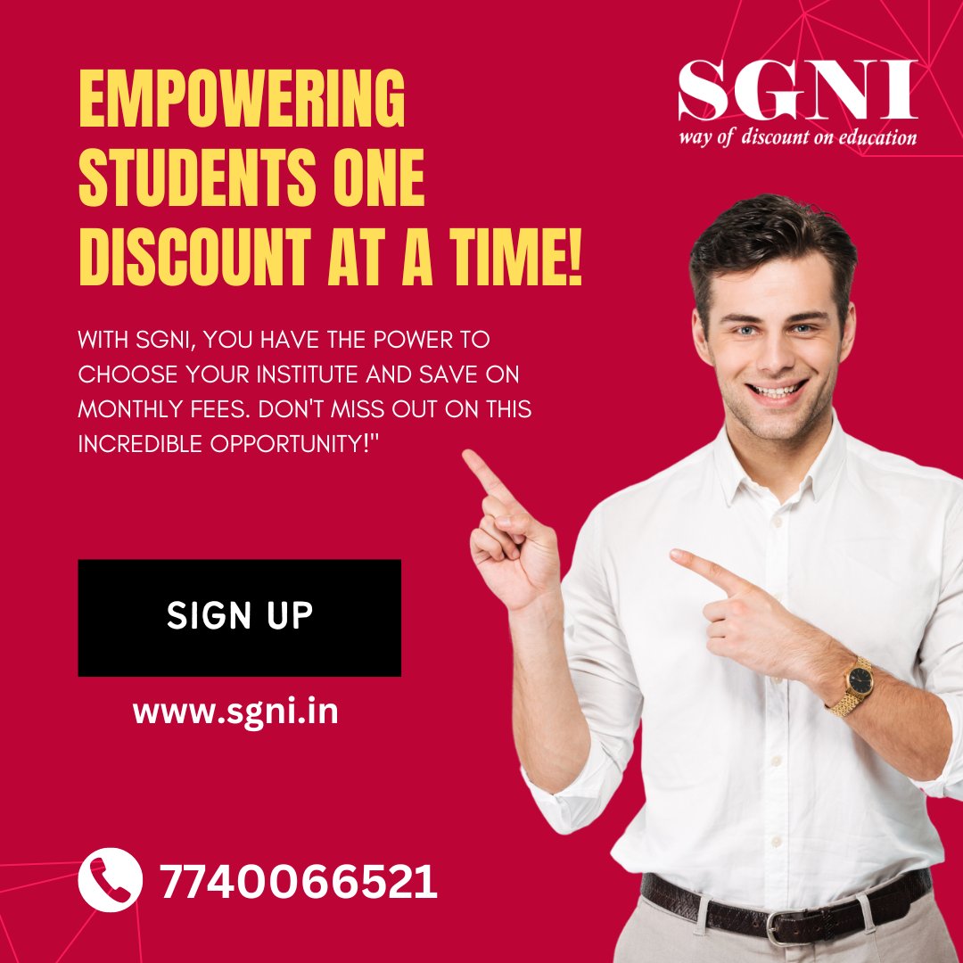 Empowering students one discount at a time! With SGNI, you have the power to choose your institute and save on monthly fees. Don't miss out on this incredible opportunity! 
 #StudentEmpowerment #SGNI #EducationSavings #ChooseYourInstitute #DiscountsForStudents #SaveOnFees