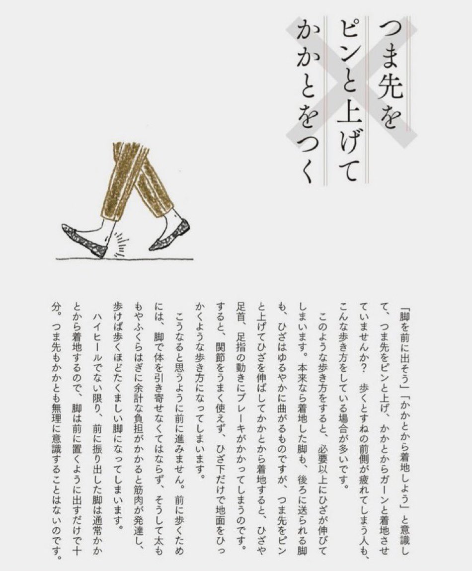 歩くと、すねの前側が張るという人に多いのが、積極的につま先を上げて、かかとから付き、足を前に振り出す歩き方のパターン。体の遠くに付きにいくことでブレーキのためにスネを使ってしまっています。要は脚が上がっていない歩き方で、お腹のインナーマッスル（腸腰筋）が上手く使えてない様子です