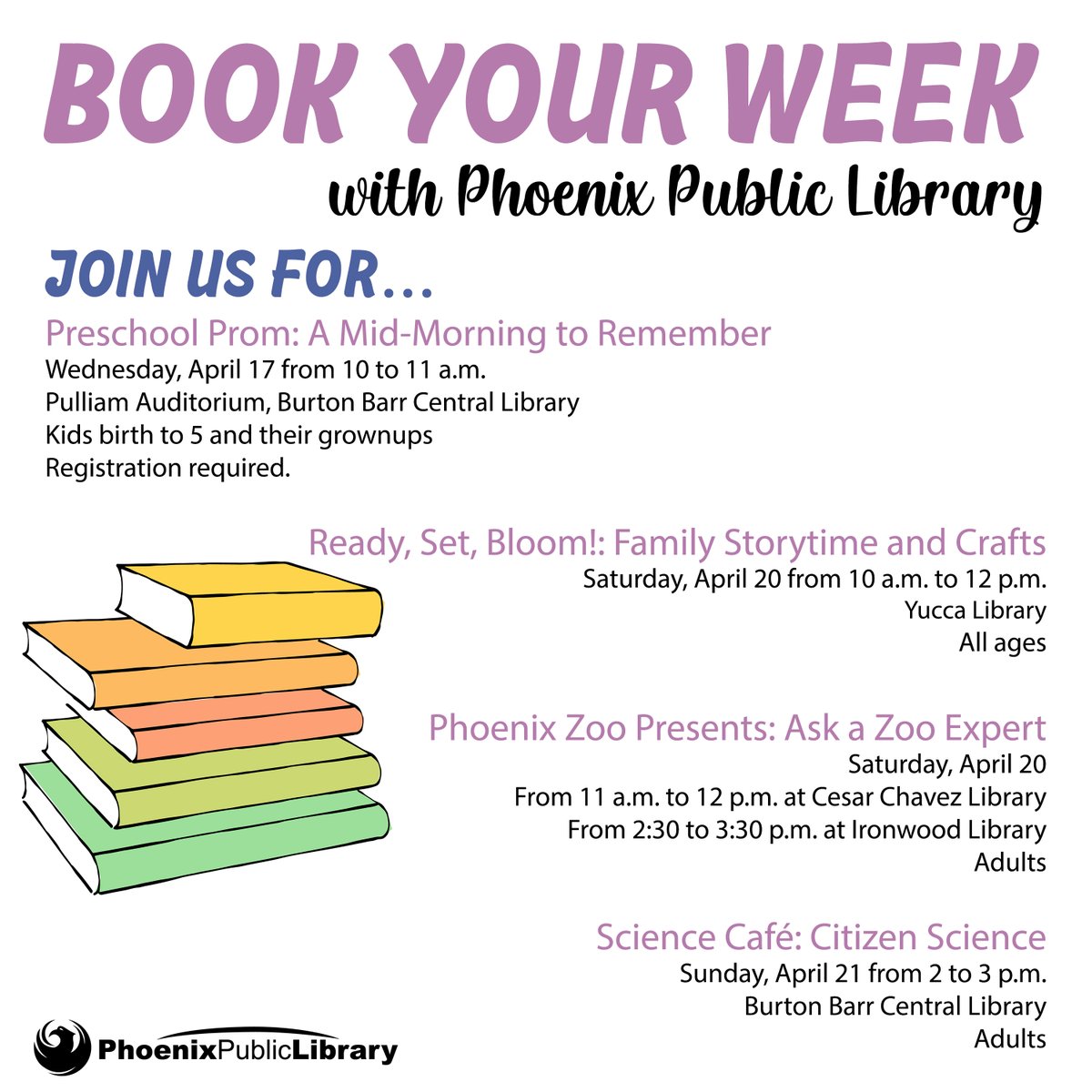 PhxLibrary's tweet photo. What's going on at @PhxLibrary? 📅 Here are just some of the great, free events happening this week. You’ll find fun programs for all ages &amp; interests @ one of our 17 locations. Check the online calendar to browse the entire schedule &amp; #BookYourWeek. https://t.co/7UDEQp6H5j https://t.co/eJAWFjov3c