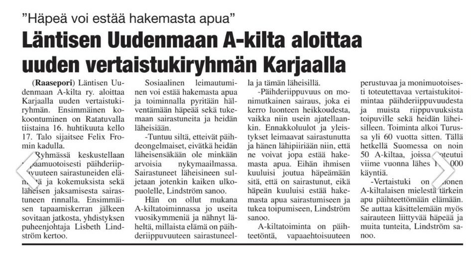 maki_kirsi's tweet photo. Huom! @LUhyvinvointi, vertaistukea tarjolla päihteettömyyteen sekä riippuvuuteen sairastuneille että heidän läheisilleen.
https://t.co/7VEKmc2tGD
#päihteet #vertaistuki #MyösLäheiset #Karjaa https://t.co/7x3gNmSut4