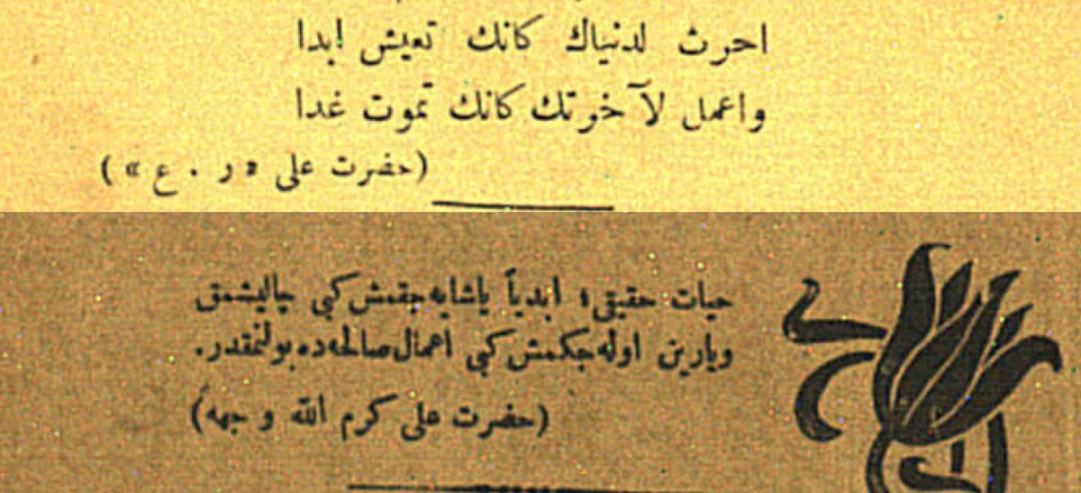 Bir kitabın iç ve dış kapağına düşülen not: 'Hayât-ı hakîkî, ebediyyen yaşayacakmış gibi çalışmak Ve yarın ölecekmiş gibi a'mâl-i sâlihada bulunmakdır.' Hazret-i Ali kerremallahu vecheh