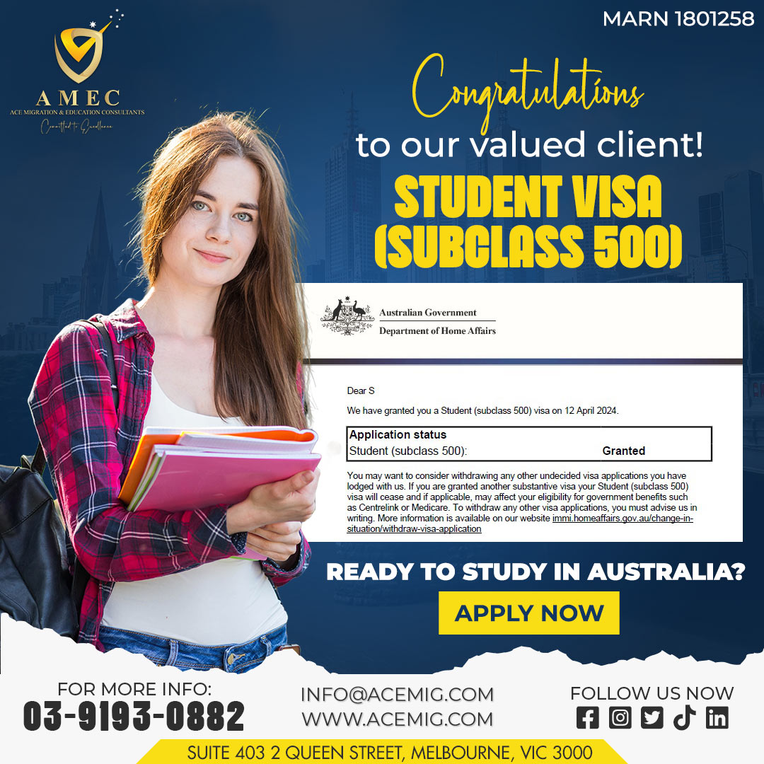 🎉 Congratulations to our valued client! 🎓 Your Student Visa (Subclass 500) has been granted, opening doors to an incredible educational experience in Australia. 

#australia #melbourne #NewBeginnings #amecaustralia #migrationagent #subclass500visa #educationconsultants