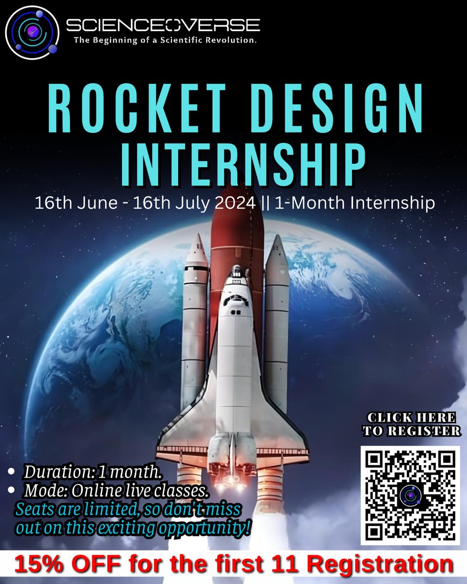 🚀 ScienceOverse Presents Summer Internship program On Rocket Design.📑

Ready to apply?
1) Scan QR code or visit link (forms.gle/1B4HF84eJuMF8R…).
2) Make your payment to reserve your spot.

Contact Info ✉
info.ScienceOverse@gmail.com

#aerospaceengineering #intership #Rocket