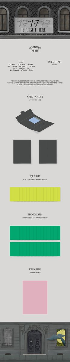 ✨ SEVENTEEN BEST ALBUM '17 IS RIGHT HERE' -Kit Ver.- ➡️155k // DP 100k

💎what's inside: Cardholder (1), QR Card (1), Photocard (2)*same member with QR Card, Guide (1)

✅ EMS + Tax, packing, freebies

open po album seventeen kit