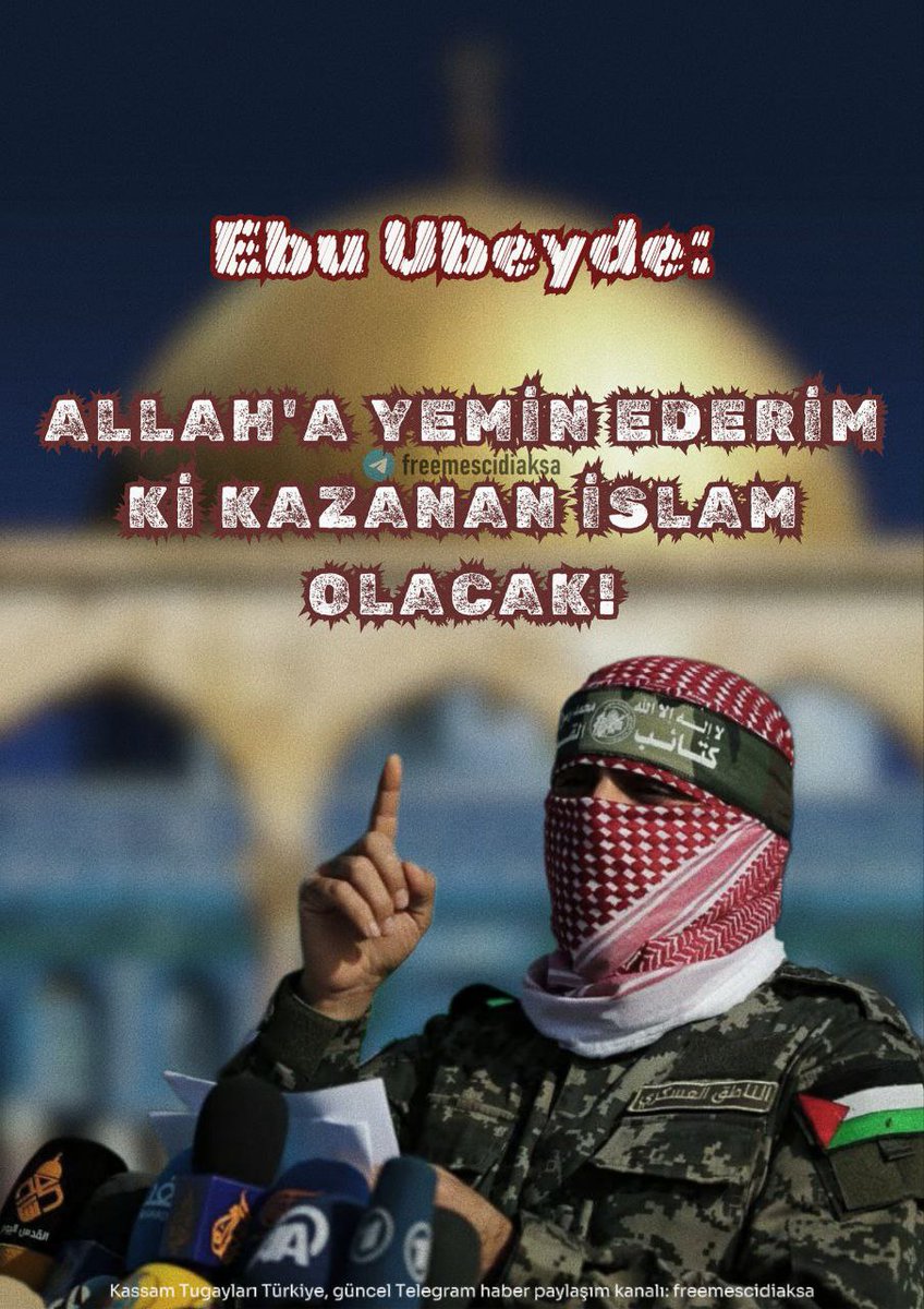 Kassam Tugayları Sözcüsü Ebu Ubeyde'nin sözünü hatırlayalım ve hatırlatalım inşaallah. ☝️🏻

ALLAH'A YEMİN EDERİM Kİ KAZANAN İSLAM OLACAK!

Onlar ağızlarıyla Allah’ın nurunu söndürmek istiyorlar. Hâlbuki kâfirler istemeseler de Allah nurunu tamamlayacaktır. (Saff Sûresi, 8. Ayet.)