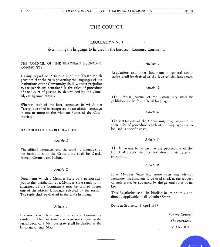 15 April 1958 | The first Council regulation is published. It sets up German, French, Italian and Dutch as the official languages of the EU (back then, the 'Communities') #EUHistory 🇪🇺 #OnThisDay eur-lex.europa.eu/eli/reg/1958/1…