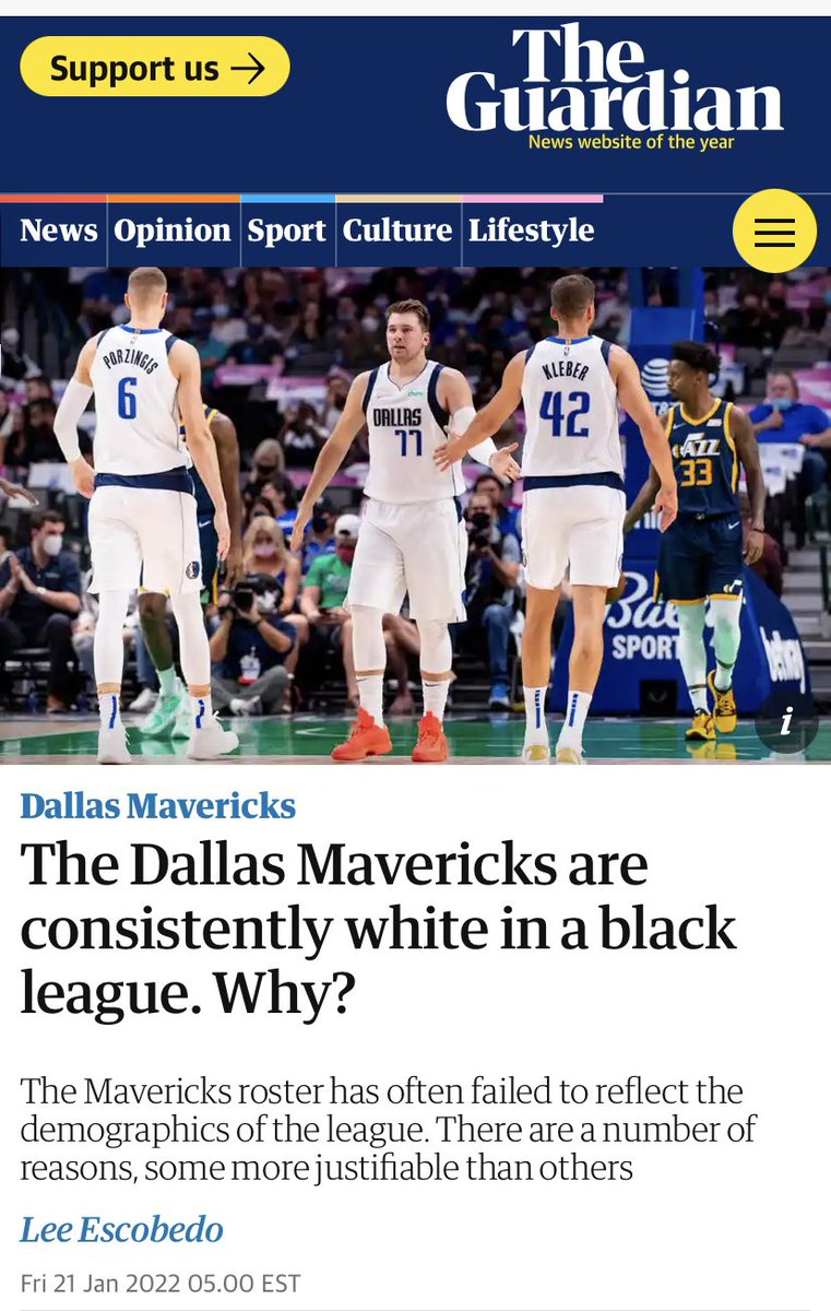 USCDave316's tweet photo. @mcuban Let’s not forget that racist Cuban handpicked his white players primarily 
White European players Ever since this Article came out he flipped the switch and finally got black players and a black female President this guys a joke 🤣🤣🤣🤣🤣🤣 https://t.co/m4AMJvTK5V