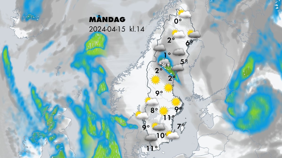 God morgon. Rester av en front ger över mellersta Norrland idag snö eller blötsnö på sina håll. I övrigt i landet uppehåll och sol på många håll. Ändå rätt blygsamma temperaturer. Må väl! //Therese, meteorolog