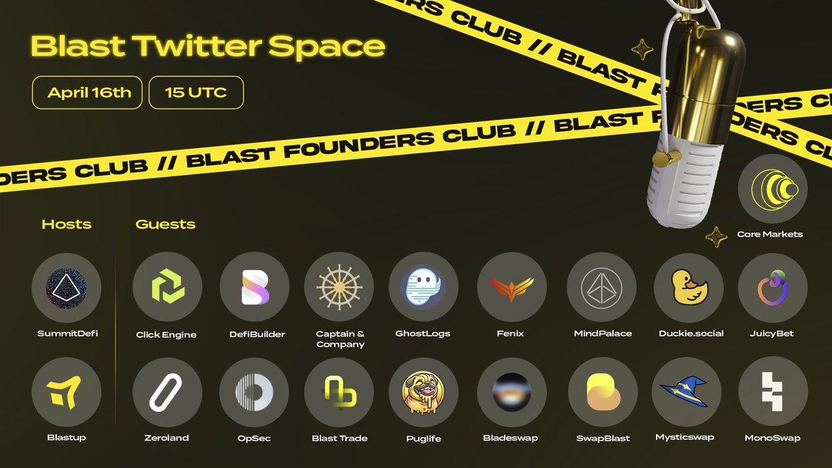 Get ready for a weekly session with the Blast Founders Club on Twitter Space. 🗓️ Save the date: April 16th at 15:00 UTC. 🎙️twitter.com/i/spaces/1ypJd… Esteemed guests from leading Blast projects will be joining us. Stay tuned for the latest updates, insights, rumors, and product…