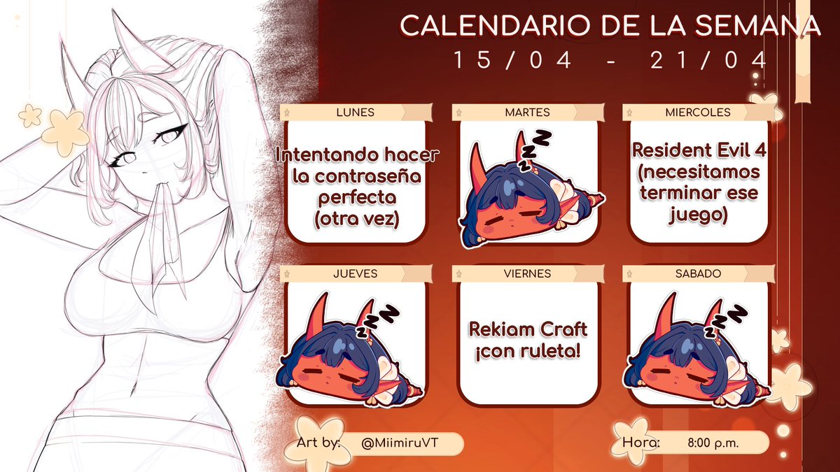 miimiruvt's tweet photo. ¡Horario de la semana! El viernes probaremos cositas, y el lunes será mi revancha contra el Password Game, tenemos una cita a las 8 yess sir
🎨: #Artiru
📹: #Miimip
🤣: #Meemeru
🔞: #Mommiru
#vtuber #vtuberes #VTuberUprising https://t.co/Oya21Ls29L