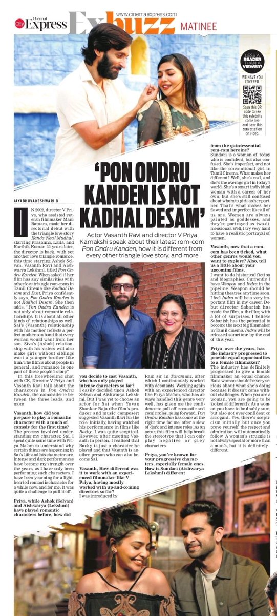 Here's the print version of my interview with director #VPriya and actor #VasanthRavi for #PonOndruKanden