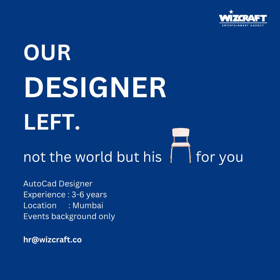 Calling all design visionaries: the chair is empty, but full of possibilities. Kindly mail your resume to hr@wizcraft.co
#Wizcraft #WizcraftEntertainmentAgency #Hiring #EventExcellence #WizcraftEvents #CreativeEvents #EventPlanners #EventManagement #EventLife #EventPlanning