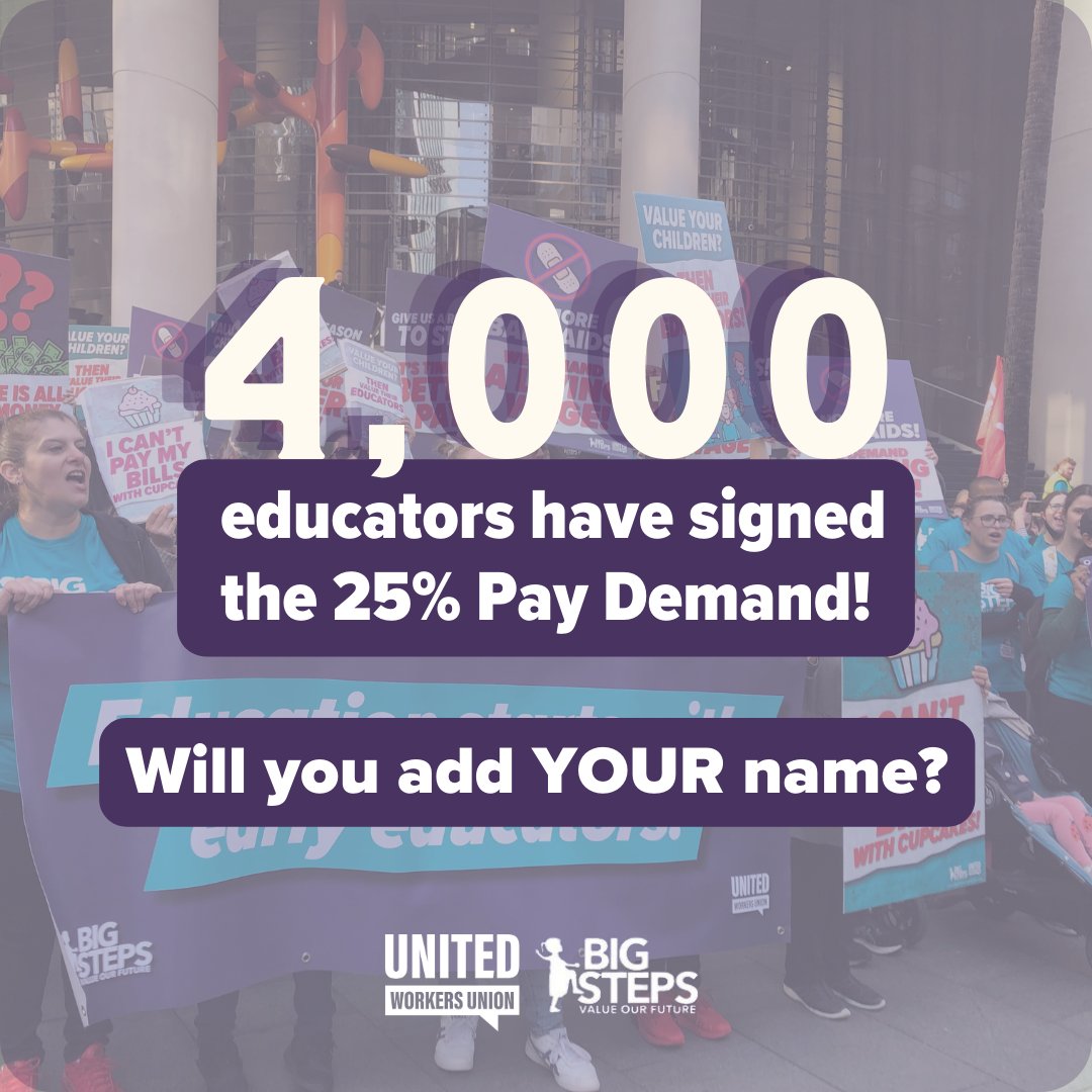 Over 4,000 educators and advocates have already put their support behind our 25% Pay Demand ‼️ If you haven't already, add your name now ⬇️ bigsteps.org.au/we-demand-25/ #earlylearning #ecec #earlychildhoodaustralia #earlychildhoodeducation #educationmatters #ece #earlyeducators