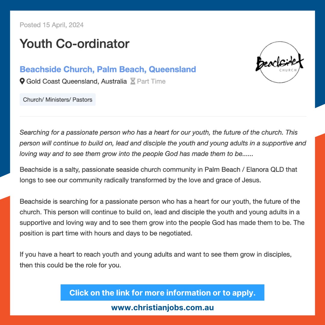 FEATURED JOB
For further information, click here ow.ly/4l3w50RfTfr

#ChristianjobsAustralia #ChristianJobsAU #ChristianCareers #AussieChristians #ChristiansAustralia #ChurchJobsAustralia #ChurchJobs #PastorJobs #Ministry #Christians