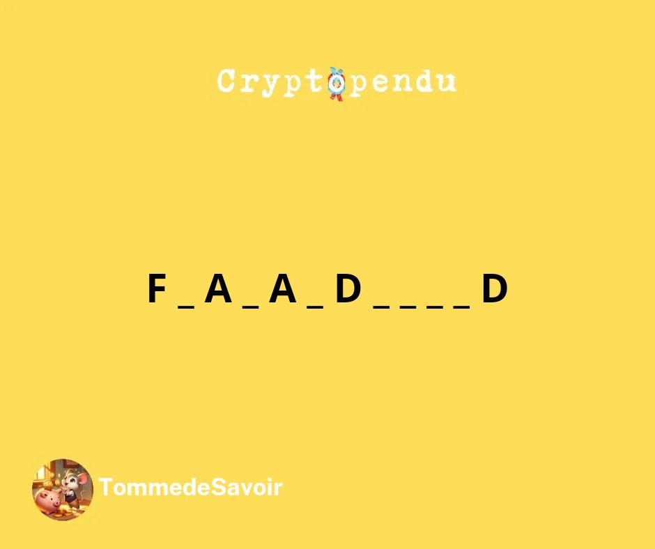 0xTomme's tweet photo. Sauve le #CryptoPendu du jour ! 🪢
Indice : 😱
💡 Poste une lettre ou la solution
➕ Follow @0xTomme
🔁 RT https://t.co/6Q8TZduePc