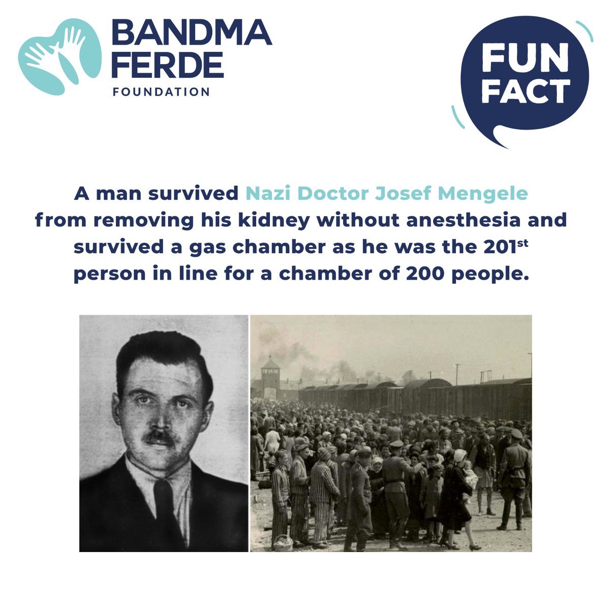 𝐅𝐮𝐧 𝐅𝐚𝐜𝐭: A man survived Nazi Doctor Josef Mengele from removing his kidney without anesthesia and survived a gas chamber as he was the 201st person in line for a chamber of 200 people. #Bandmaferdefoundation #Bandmaferde #NGOIndia #nonprofitorganizationindia #funfacts