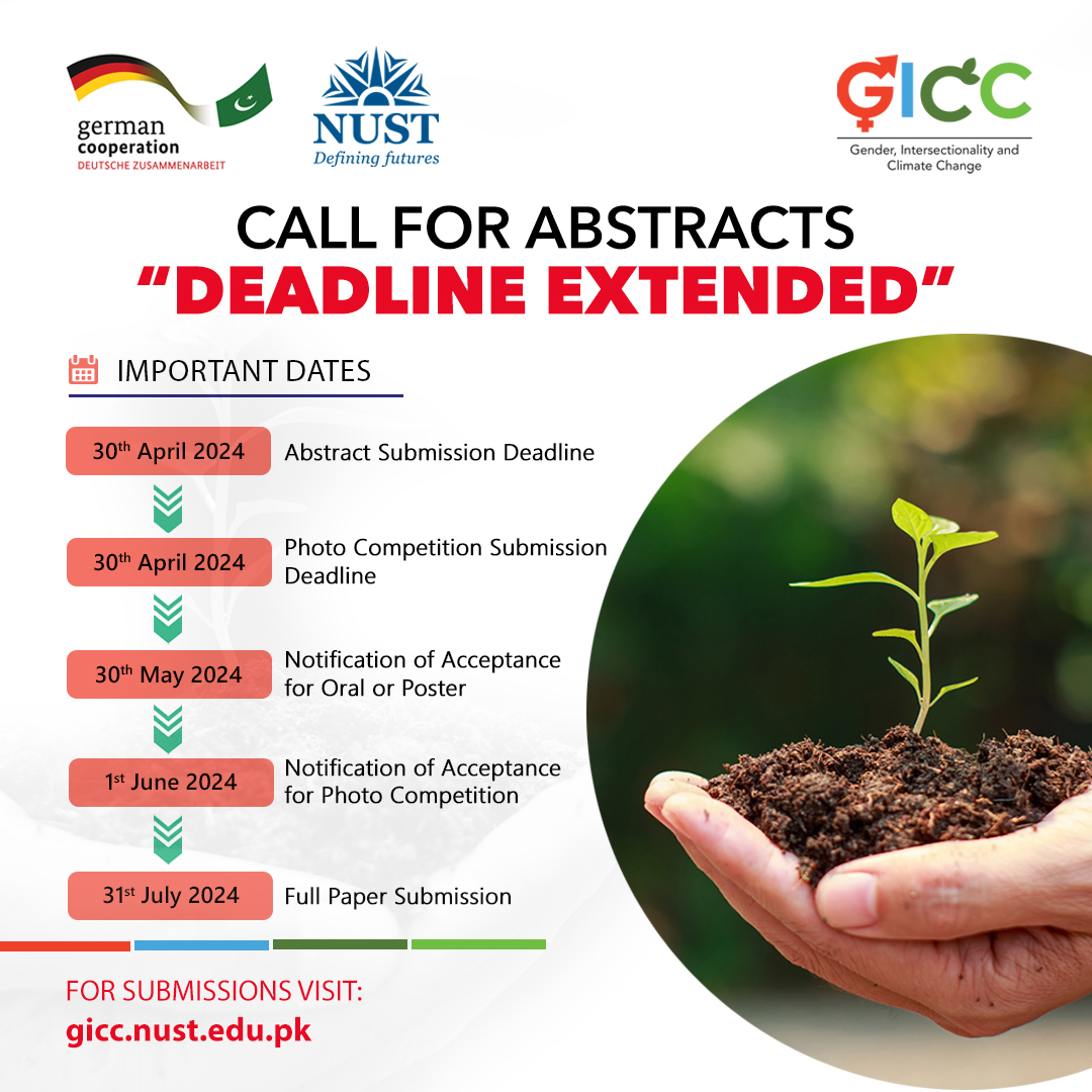 🔔Attention Researchers &amp; Scholars!
The Abstract Submission Deadline for the GICC Conference has been extended until 30th April 2024. Seize this opportunity to present your work on a global platform. #GenderInClimate #GICC #CallForAbstracts
For submissions gicc.nust.edu.pk