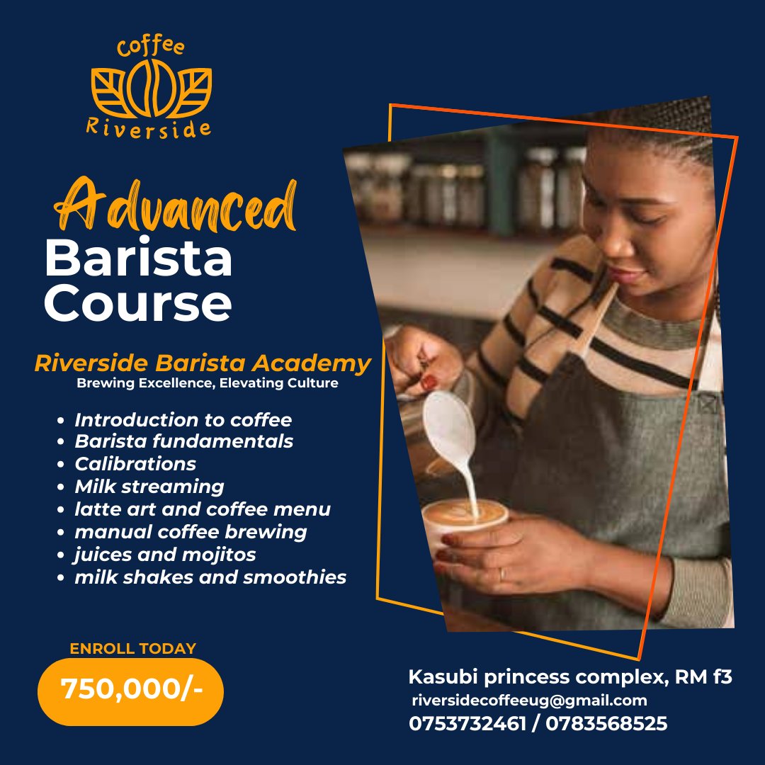 Looking to turn your passion for coffee into a rewarding career or to upgrade your game with a different skill set , Riverside coffee Academy has got u covered. ☎️0753732461/0783568525 📍 Kasubi traffic lights, princess complex RM f3