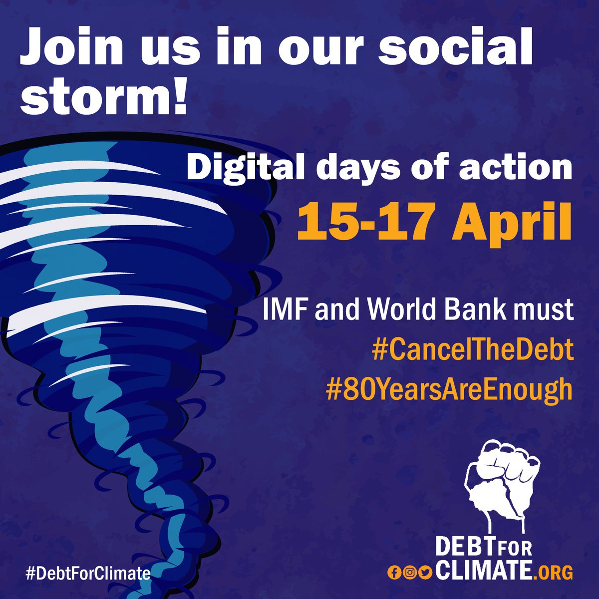 ⚡Join us in our social storm! Happening NOW! 👉🏻 Go to: tinyurl.com/80YearsAreEnou… 📢 Let’s tell IMF and World Bank they must #CancelTheDebt! #80YearsAreEnough ✊🏽Digital days of action 15-17 April