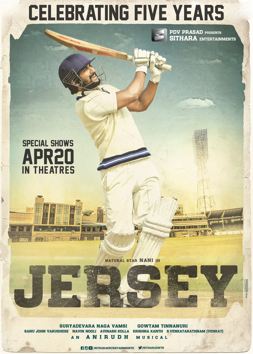 On the occasion of #JERSEY 5th Year Anniversary ~ Witness the heart-warming Entertainer once Again on the BIG screens this April 20th, 2024 ❤️‍🔥📷 #JerseySpecialShows 🤩 @NameisNani @gowtam19 @anirudhofficial @ShraddhaSrinath @vamsi84 @NavinNooli @SitharaEnts