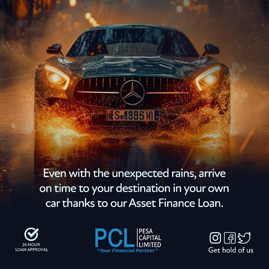 Even with the unexpected rains, arrive on time to your destination in your own car thanks to our Asset Finance Loan today. It's quick, affordable and at a very low interest rate!
#assetfinance #pesacapitallimited #yourfinancialpartner