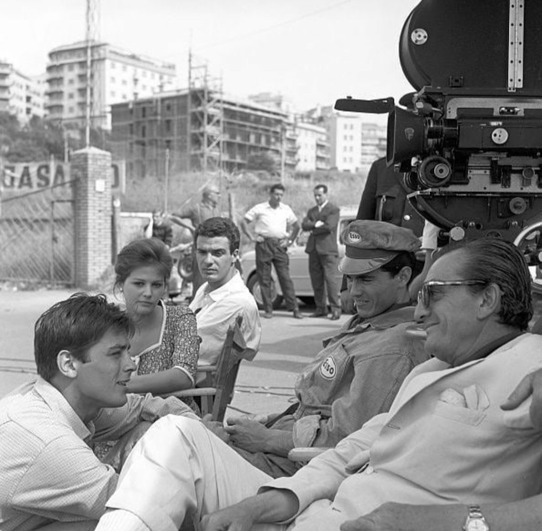 Alain Delon, Claudia Cardinale #botd, Max Cartier, Spiros Focas and Luchino Visconti on the set of “Rocco e i suoi fratelli”, 1960.