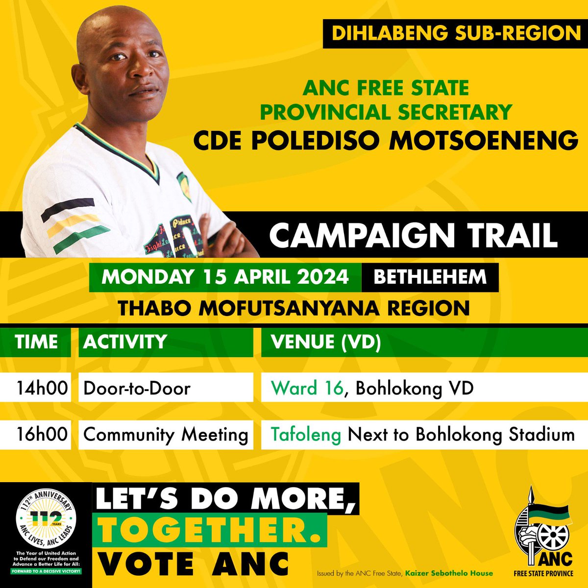 ANCFS's tweet photo. On the Campaign Trail: ANC Free State Provincial Secretary Polediso Motsoeneng and PET Coordinator Cde Saki Mokoena.
#VOTEANC2024
#LetsDoMoreTogether
#ANCAtWork
#firstballotvoteanc
#secondballotvoteanc
#thirdballotvoteanc https://t.co/H5qG1KntgP