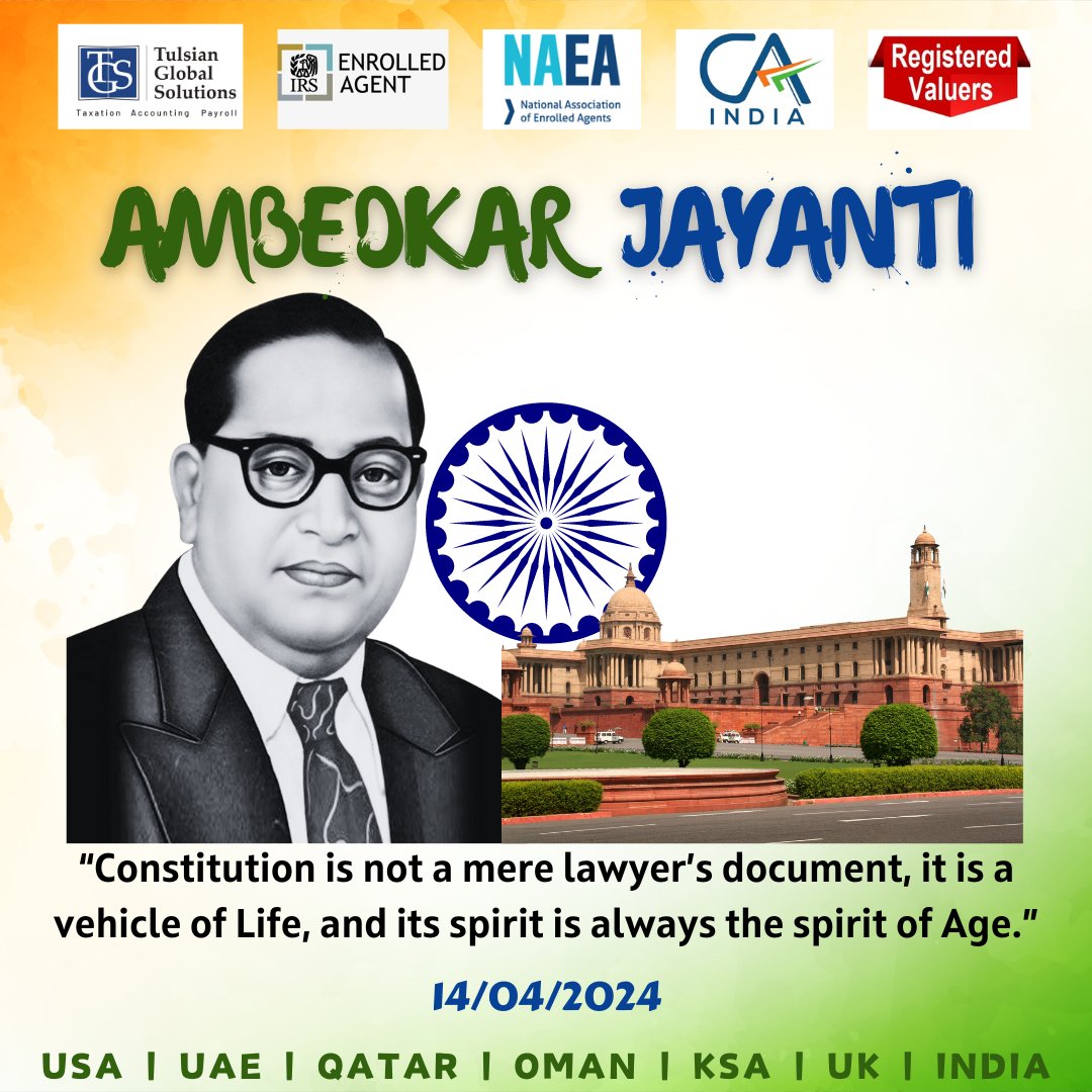 TGS_TAX's tweet photo. On this day commemorating the birth of Dr. B.R. Ambedkar, TSTAX extends its warmest wishes to all. Let us pledge to take a stand against discrimination and always work for equality in society.

#TGSTAX #AmbedkarJayanti #equality #justiceforall #socialempowerment https://t.co/cJs4MlMtZv