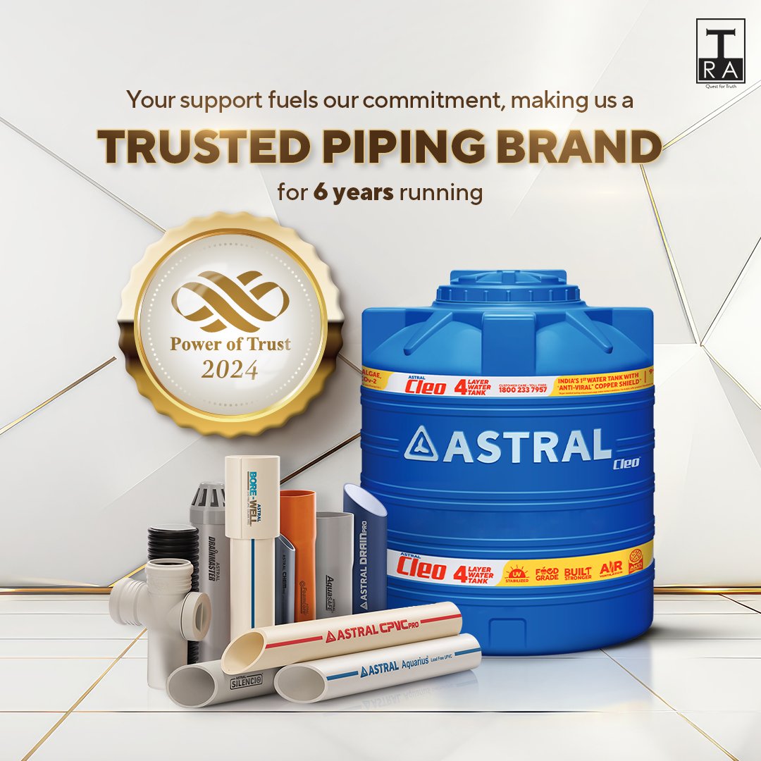 It gives us immense joy to announce that Astral Pipes has been recognized as a “Trusted Piping Brand” by TRA once again. This recognition marks the 6th consecutive year of this honour being bestowed upon us. Thank you to our amazing customers and channel partners for their