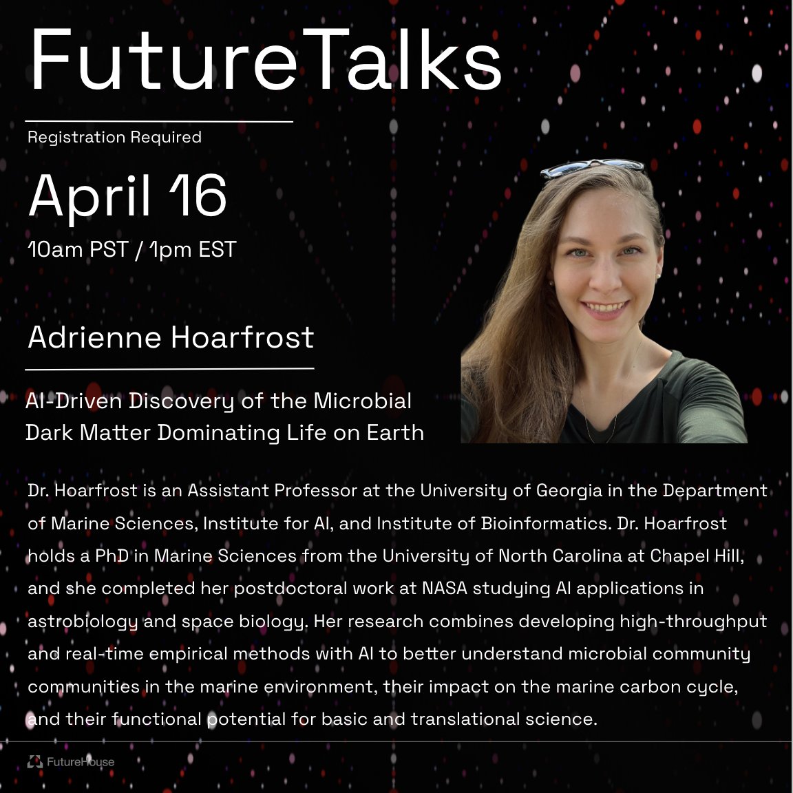 Join us at FutureHouse on Zoom tomorrow, Apr 16th at 10:00am for a FutureTalk featuring guest speaker Adrienne Hoarfrost. Fill out the form below to gain access to her talk on using AI to Illuminate 'Microbial Dark Matter' airtable.com/appYoFRg45Cub7…