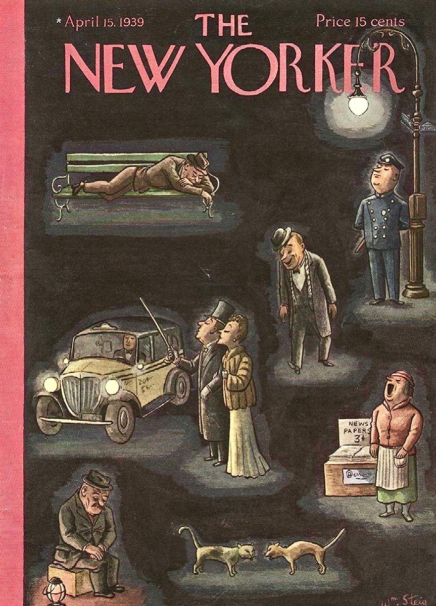 #OTD in 1939
(New York nocturne)
Cover of The New Yorker, April 15, 1939
William Steig
#TheNewYorkerCover #WilliamSteig #1930s