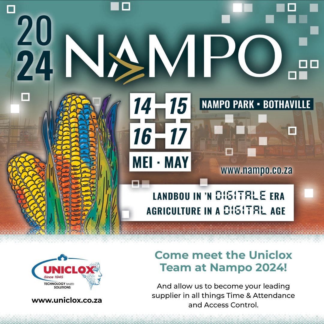 Nampo is only a month away!

🗓 : 14-17 May 2024
🎟 : bit.ly/3Q1x2jf
📍 : Nampo Park, Bothaville, Free State

#Nampo #Agriculture #accesscontrol #software #softwaredevelopment #biometrictimeclock #timeandattendance #facialrecognition #cloudsolutions #cloudsoftware