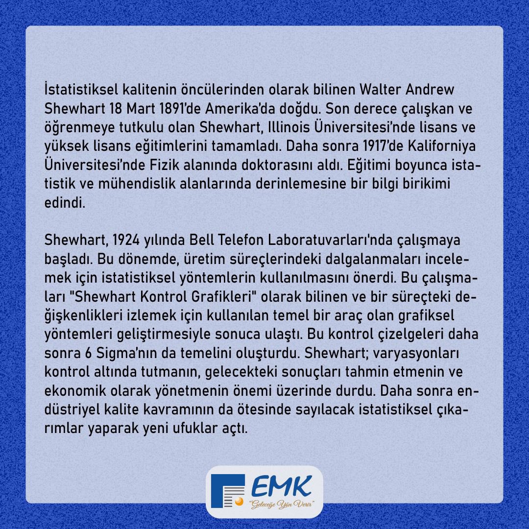 sakaryaemk's tweet photo. "Endüstri : İz Bırakanlar" serimizde bu ay sizler için Walter Andrew Shewhart’ın hayatını derledik. Keyifli okumalar dileriz.✨
1/2 https://t.co/lGolkiE0Cd