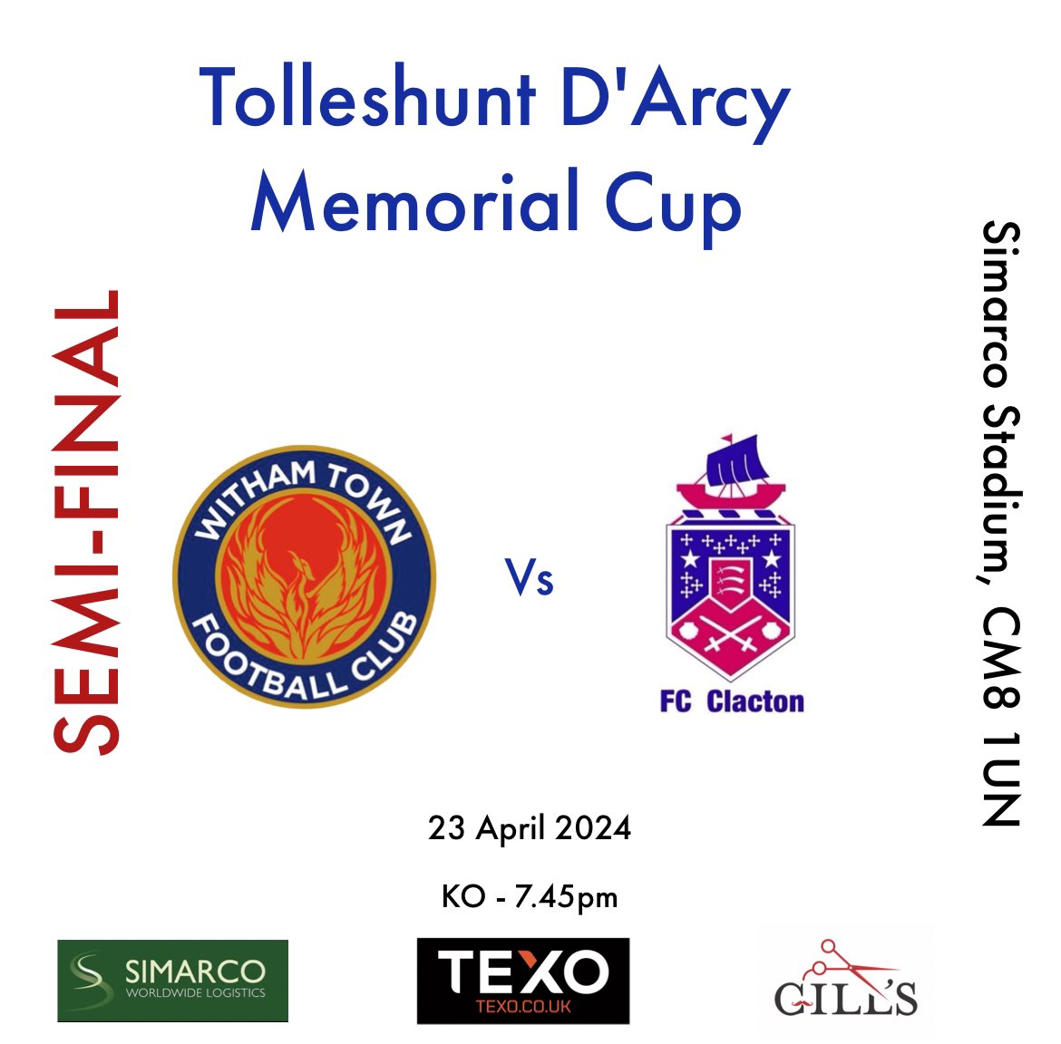 The Tolleshunt D’arcy Memoral Cup semi final against @FC_Clacton will now be played on Tuesday 23 April. KO - 7.45pm.