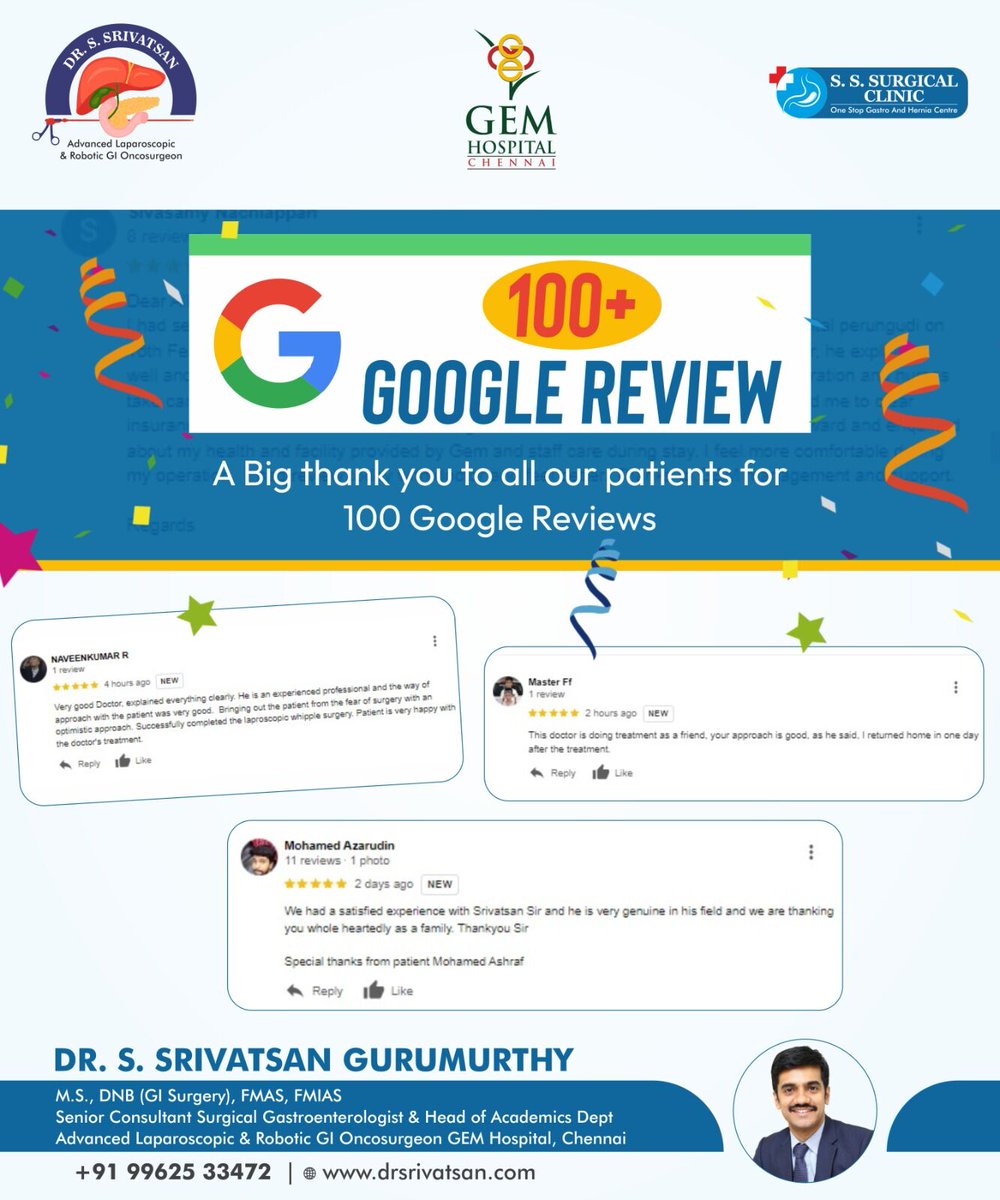 We are thrilled to share that we have reached a significant milestone in our practice. We have received 100+ Google Reviews, and we want to express our heartfelt thanks to all our wonderful patients. 

#drsrivatsan #roboticsurgeon #milestoneachievement #tamilnadu #chennai