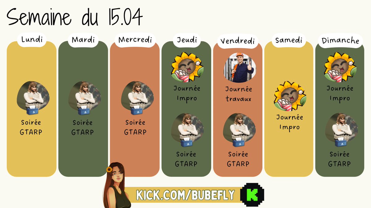 bubefly's tweet photo. PLANNING DE LA SEMAINE ☀️

Je spam le roleplay jusqu'à la fin de l'acte 2 de @MouchoirsRp oupsi et vendredi on continue le démontage de la cuisine. 👷🏽‍♀️🚧

Hâte de vous proposer du contenu plus varié et de faire le jeu de la SubMaine 👀

À ce soiiir
#PickKick #KickStreamer https://t.co/33NyZs80F1