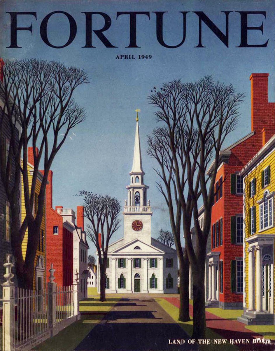 #Fortune for #APRIL 1949 ‘Land of the New Haven Road’ Cover of Fortune magazine, April 1949 Illustration by Thomas Francioli. #FortuneCover #illustration #illustrationart #graphicdesign #ThomasFrancioli #NewHaven #NewEngland #architecture #colonialarchitecture