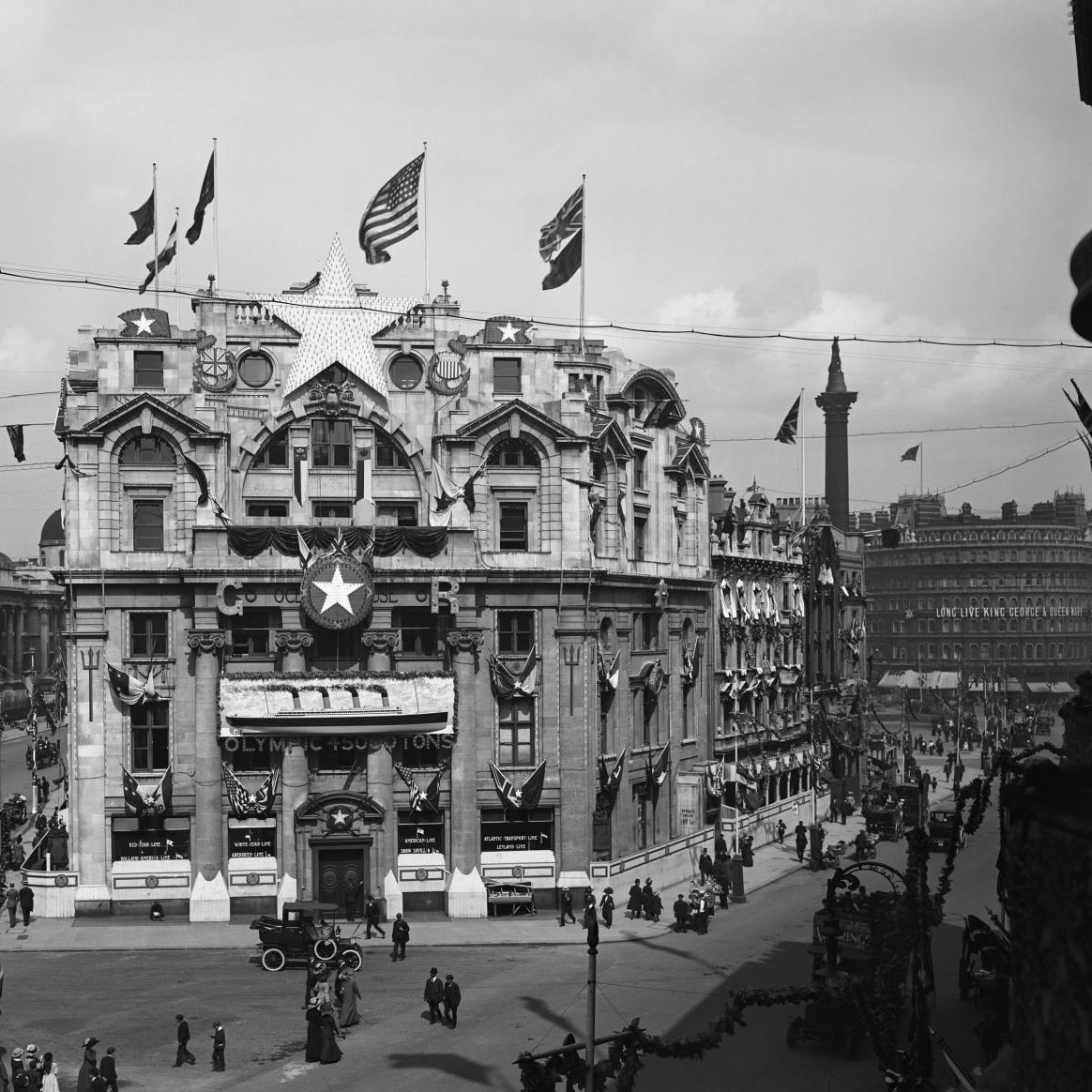 Oceanic House was once the ticketing office for the shipping company, famed for the sinking of the Titanic, which occurred #OnThisDay in 1912. This photograph was taken on 24 June 1911, just 1 year before the disaster. It was decorated to celebrate King George V's coronation.