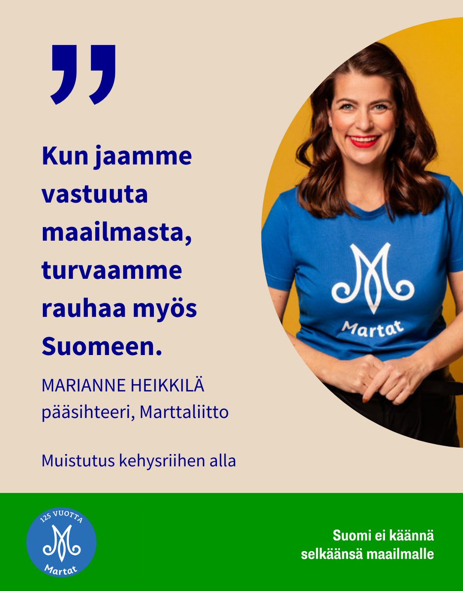 Hallitus, muistattehan tämän kehysriihessä. Kehitysyhteistyö, rauhantyö ja
humanitaarinen apu ovat investointeja turvallisemman, vakaamman ja reilumman maailman puolesta.

Lue lisää: martat.fi/ajankohtaista/…

#TurvallisempiMaailma #Martat #Kehysriihi <a href="/FingoFi/">Fingo</a> <a href="/MarttaManna/">mäplfinance</a>