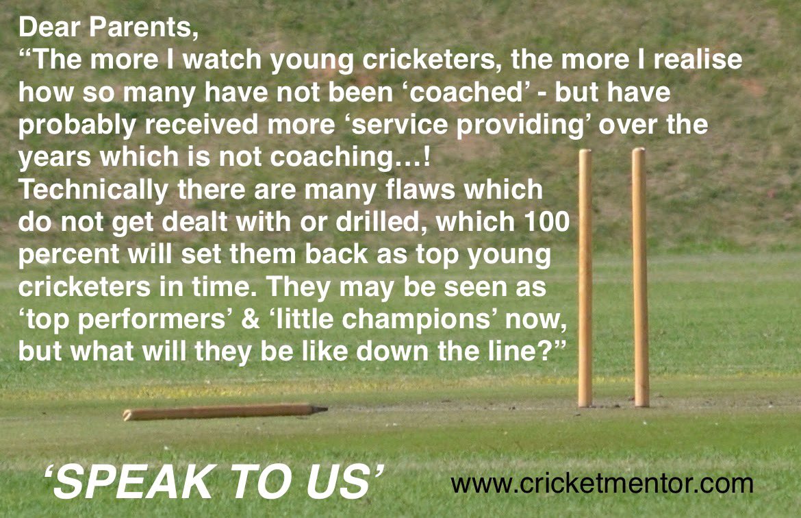 DO YOU have a #ServiceProvider out of emotion for your young #cricketer and you know in the best interests of your young #cricketer you actually need a #Coach as there is a MASSIVE difference between the two…🤔👌

SPEAK TO US… 🗣️🏏
cricketmentor.com

#cricket #coaching