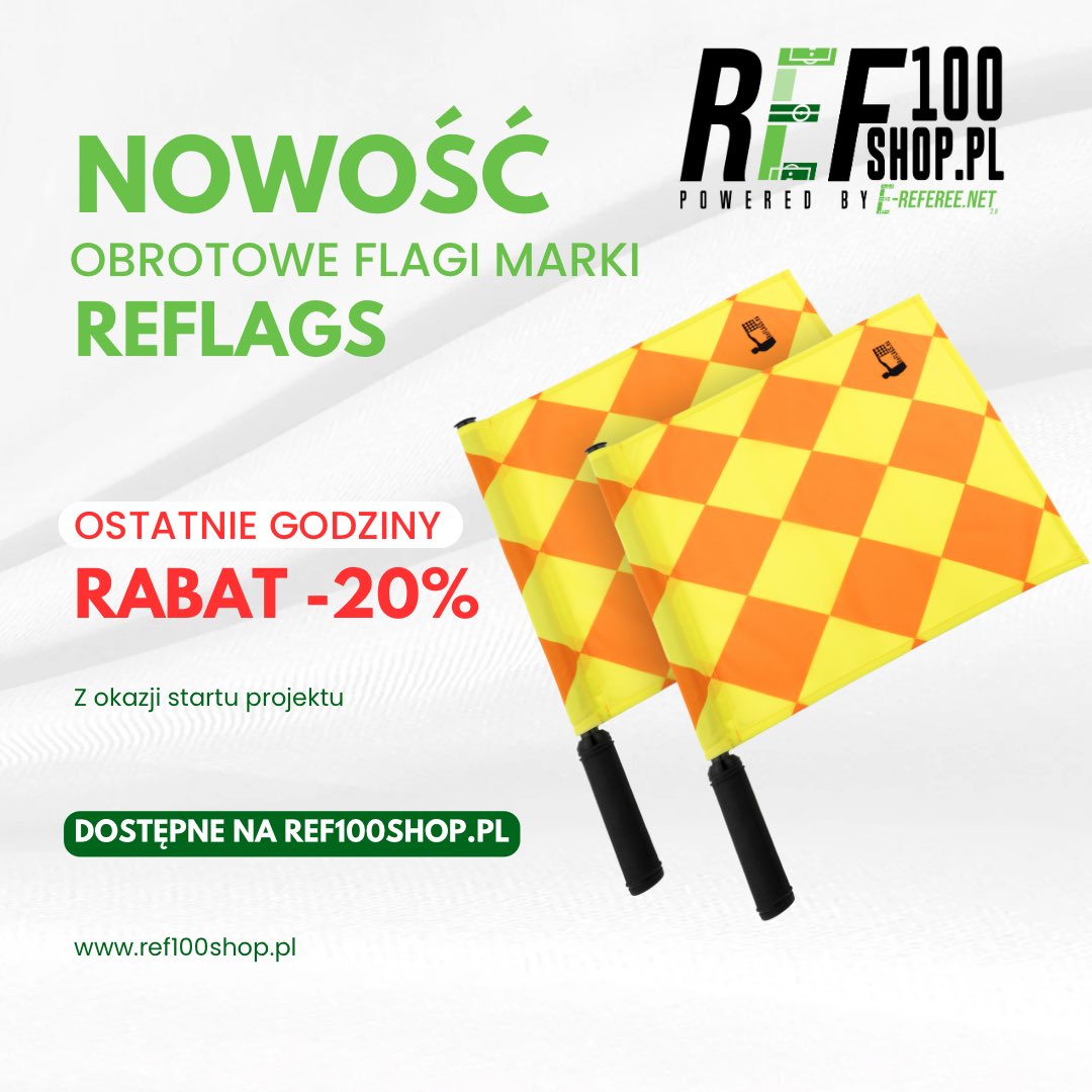 🔥 Jeszcze tylko dziś obrotowe flagi ReFlags w promocyjnej cenie -20% z okazji startu projektu! Promocja trwa do godz. 23:59 (15.04.2024) flagi dostępne na ref100shop.pl | Profesjonalny sklep sędziowski Link ⤵️ ref100shop.pl/produkt/nowosc…