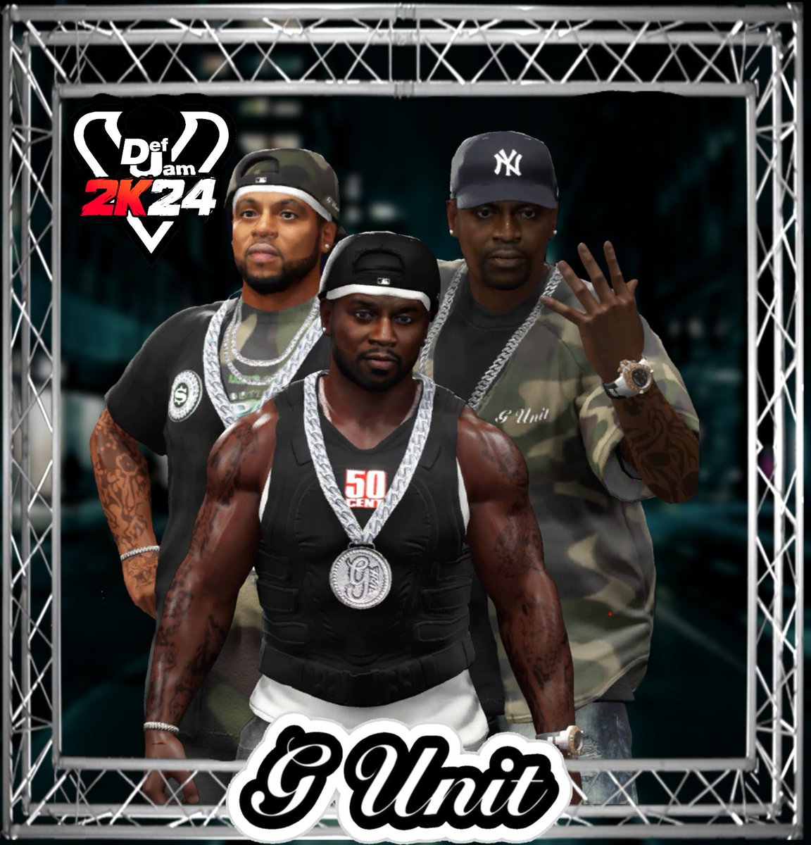 CJ_CAD50's tweet photo. G-Unit now available on 
#DefJam2k24 
#DefJamWorldWar #GUnit 
@50cent
@Lloydbanks
@gunitbrand
@defjam
@wrestlebars
Shoutout to @Dre41Gaming for 50s tattoos as always. 
Tags: 
#50CentDefJam2k24
#LloydBanksDefJam2k24
#TonyYayoDefJam2k24
#CAD50ScorpionSoldier https://t.co/mqCLwxt2Vy