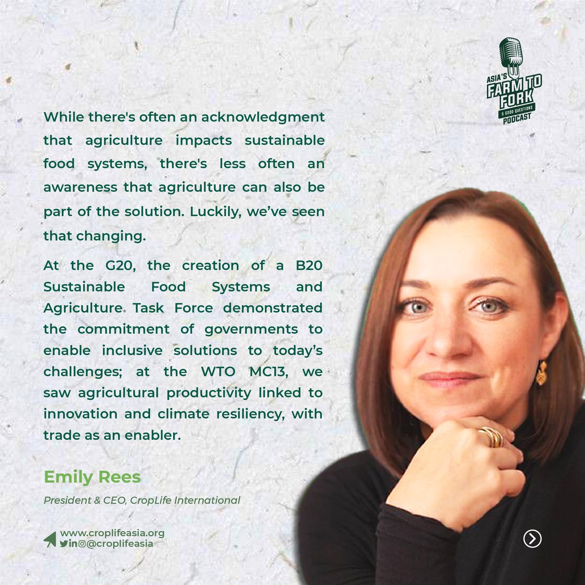 The newest episode of Asia’s Farm to Fork: 5 Good Questions features Emily Rees, President &amp; CEO of
<a href="/CropLifeIntl/">CropLife International</a> where she spoke abt agri #innovation and sustainable #foodsystems, and how it can ensure #foodsecurity &amp; mitigate #climatechange. Listen here: buff.ly/446ivZq